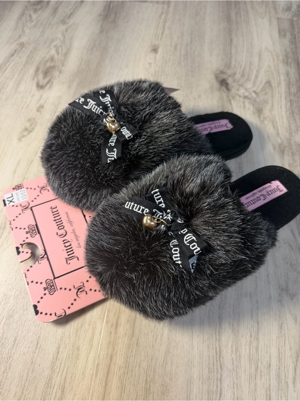 Juicy Couture Black Faux Fur Bow Slide Slippers with Gold Charm